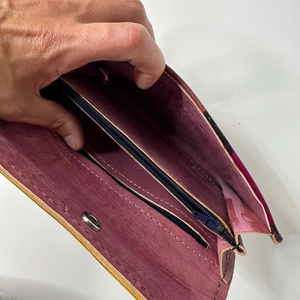 Vintage Leather Wallet Diagonal Stripe Clutch Burgundy Brown Boho Indie